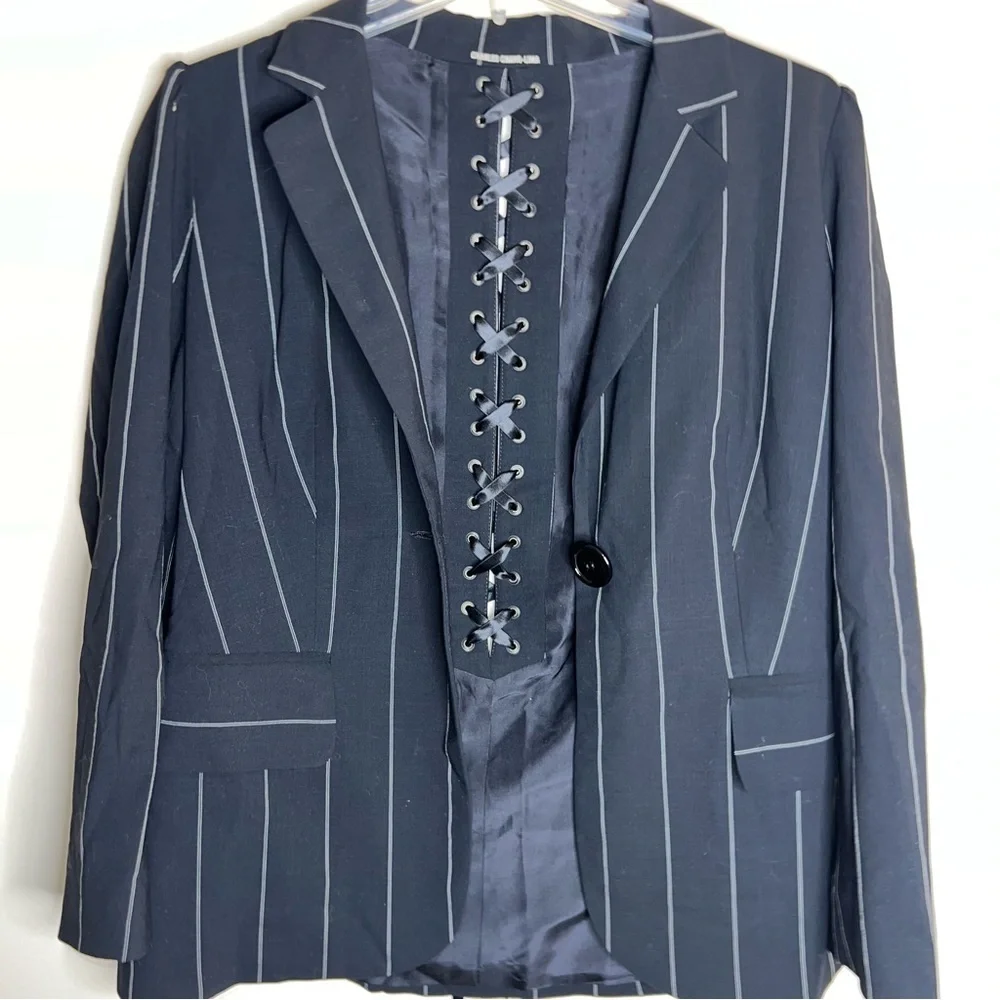 Charles Chang Lima Rare Goth Style Wool Blazer Shoelace Back Silk Lining Size 8